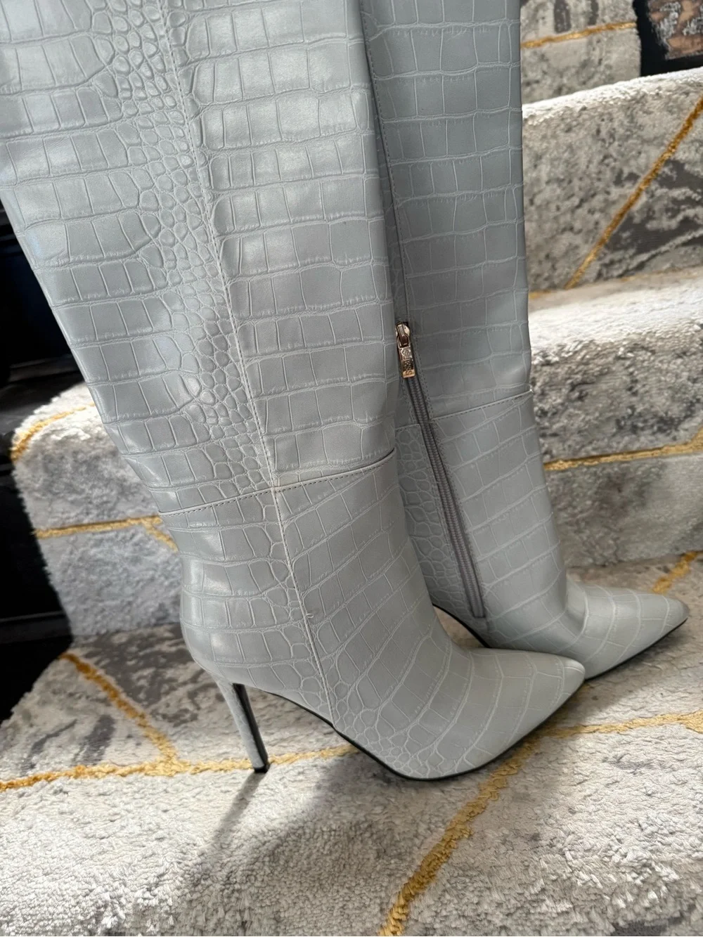GUESS Croc-Embossed Over-the-Knee Stiletto Boots in Light Gray